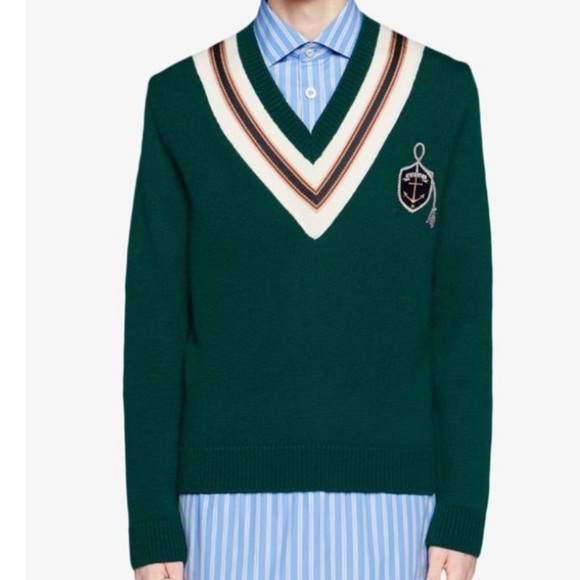 Gucci Forest Green Anchor Crest V Neck Wool Sweater Made Italy Varsity College - Picture 2 of 16